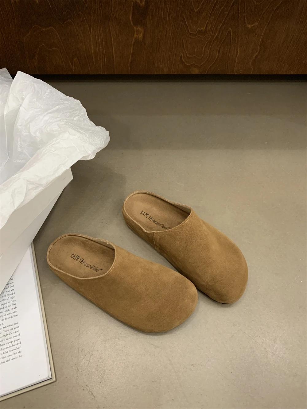 

Женские замшевые туфли на плоской подошве, повседневные туфли-мюли с открытой пяткой, осенние дизайнерские удобные новые туфли-мюли 2024 года, платья, прогулки, Zapatillas Mujer 36 коричневый