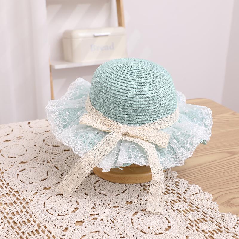 New children's straw hat, girls' summer eaves lace edge straw, breathable streamer bow sunscreen visor