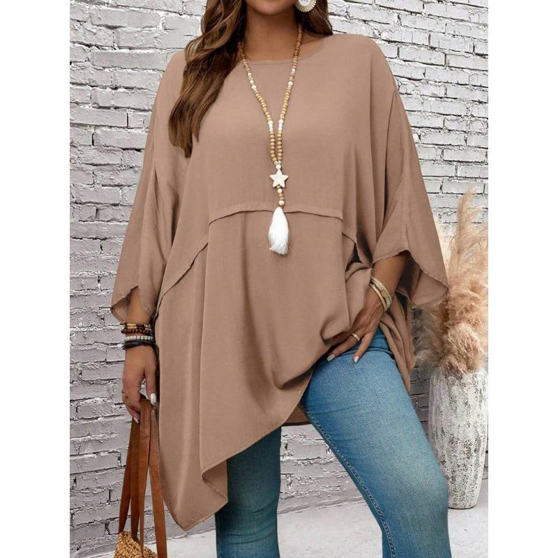 New Large Size Spring/Summer Loose Batman T-shirt Top Round Neck Fashion Casual Blouse Solid Color Irregular Elegant Shirts Loose Simple Long Tops