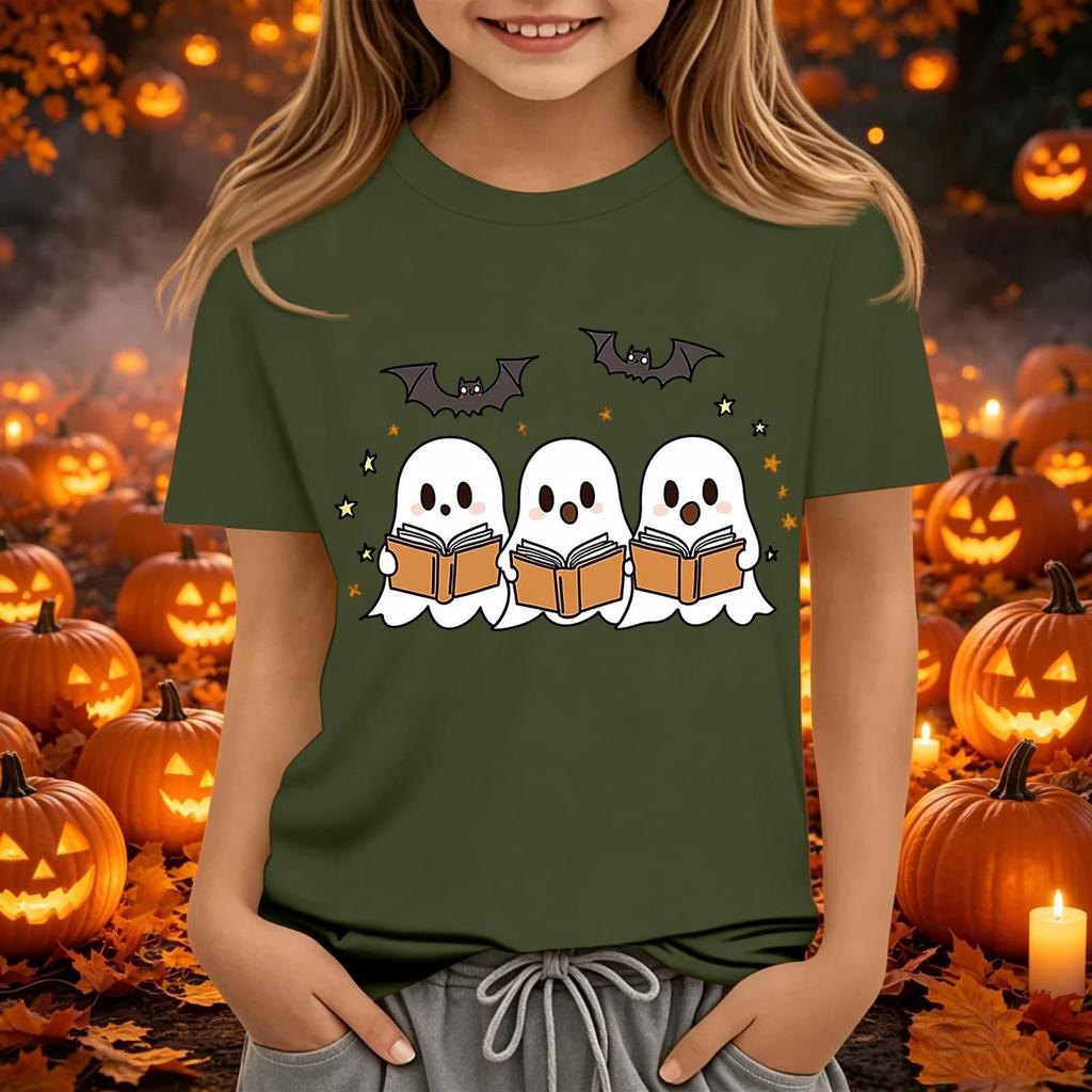 Kids Halloween Printed Neck Short Sleeve T-Shirt Loose Fit Casual Top
