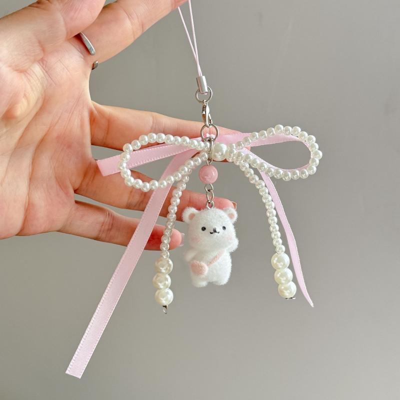 Pearl Bow Plucked Cat Bear Mushroom Backpack Key Ring Pendant Bag Y2K Delicate Beaded Bag Charm Chain Bag Strap Cute Accessory