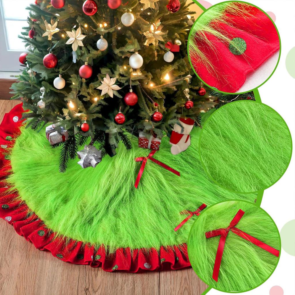 Red And Green Christmas Tree Skirt Furry Plush Christmas Tree Skirts Holiday Glittering Dot Mat Faux Round Carpet For Home Xmas Party Decor