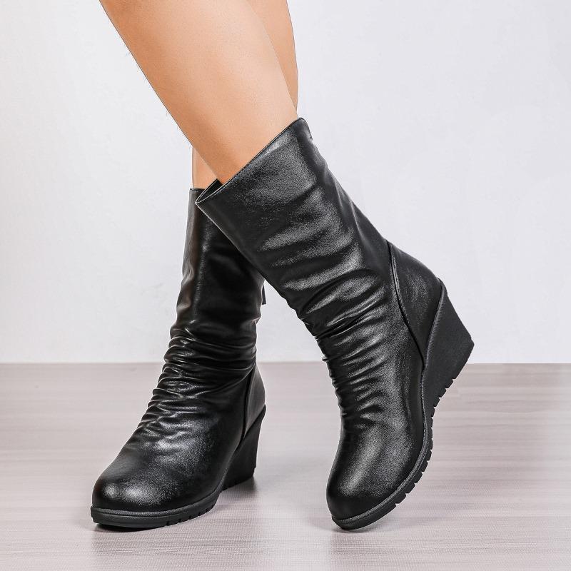 

Модные плиссированные туфли-клинья с молнией сзади, новые туфли с круглым носком, мягкой подошвой и нескользящей подошвой, ботинки до середины голени для осени 42 чёрный