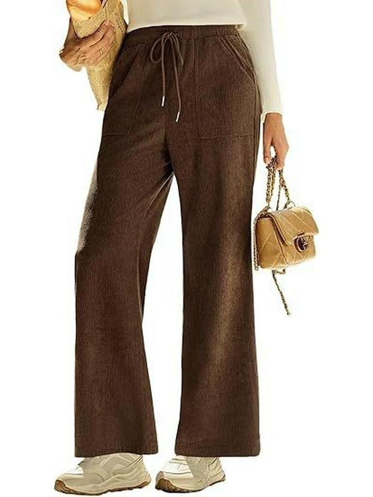2026 Spring Elastic High Waist Lace-Up Corduroy Pants, Wide-Leg, with Pockets, Casual Long Trousers.