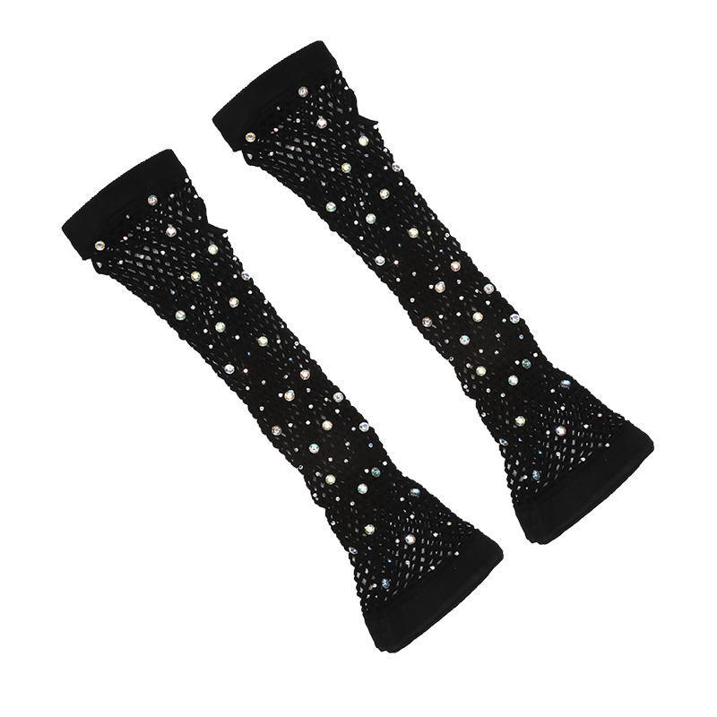 Women Fishnet Sleeves Fashion Sheer Gloves Elastic Cuffs Dancing Mesh Retro Club Sexy Diamond Long Arm Sleeve Shiny Gloves Party