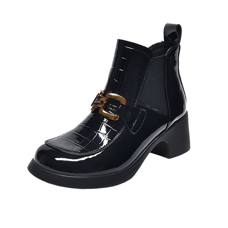 Fhanchu  New Chelsea Ankle Boots,High Heeled Botas,Round Toe Patent Leather Autumn/Winter Shoes,Size 35-40,Black,Dropship