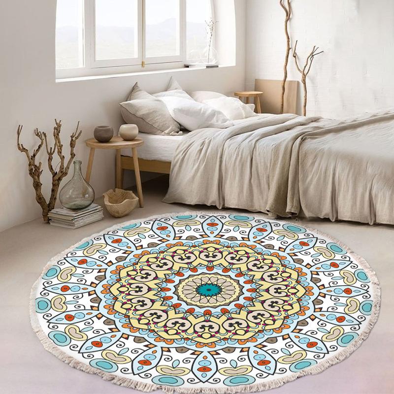 Nordic Cotton and Linen Home Leisure Non-slip Fringed Printed Round Carpet Living Room Floor Mat Bedroom Bedside Blanket