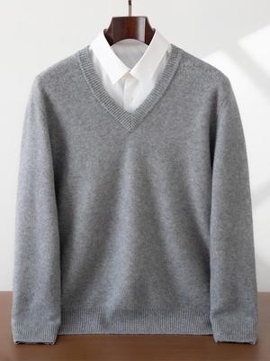 Men's Double-Strand V-Neck Cashmere Sweater, Loose-Fit Crew Neck, Business Casual Knit Base Layer