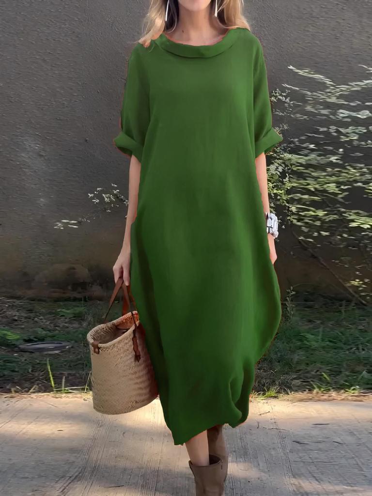 2026 Plus Size European & American Style Women’s Casual Loose Mid-Sleeve Swing Dress
