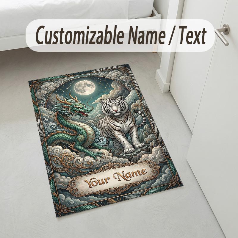 Dragon Phoenix Theme Crystal Velvet Rug Personalized Custom Name Text Soft Floor Mat Home Decor