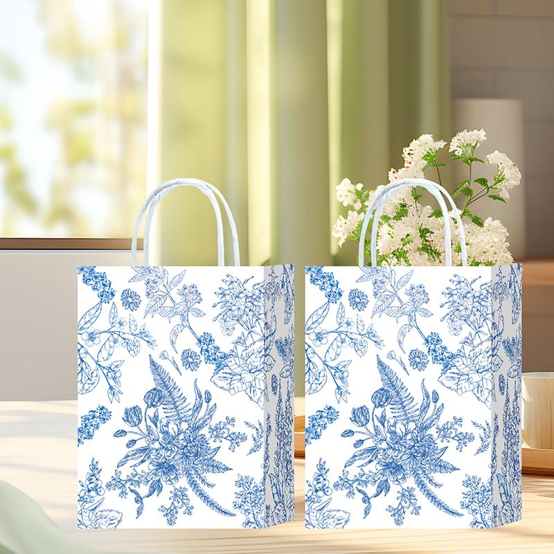 10pcs Paper Gift Bags Elegant Blue & White Parties Porcelain Floral Tote Bags Chinese