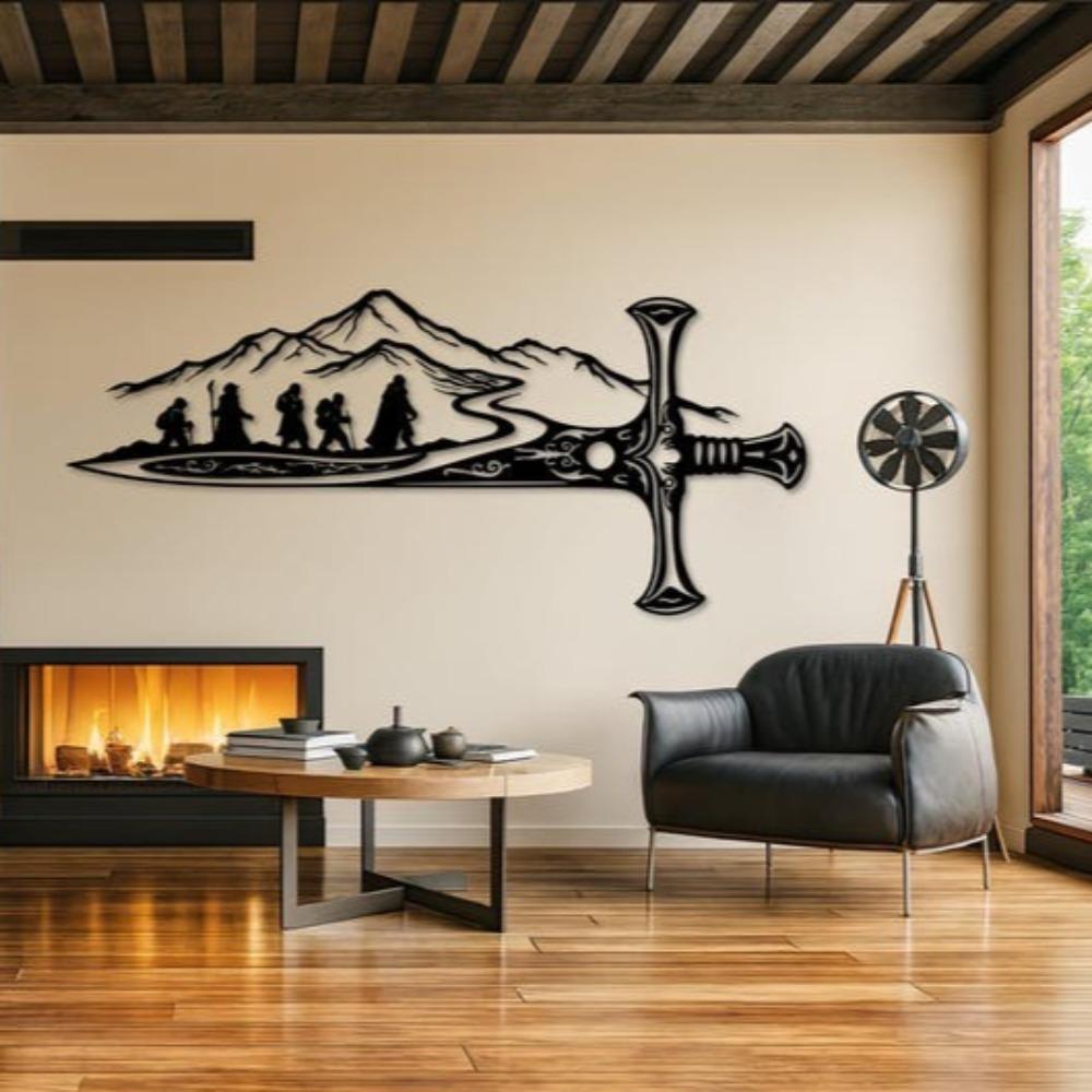Herr der Ringe Metall Wanddeko, Fantasy Schwertkunst, Epische Reise Silhouette, Abenteuer Berglandschaft, Geschenk für die Männerhöhle