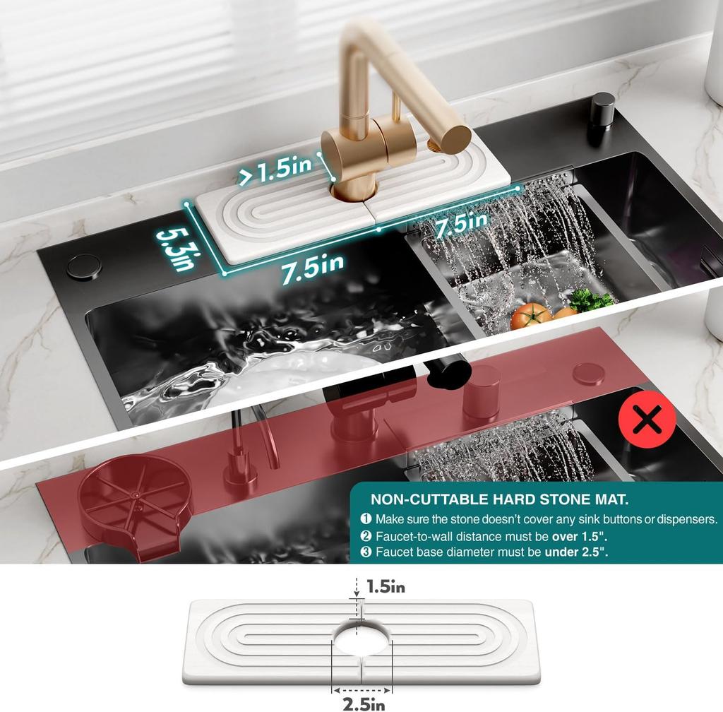 Faucet Mat for Kitchen Sink  Long Diatomite Fast Drying Stone Sink Tray, Super Absorbent, Faucet Splash Guard for Bathroom Counter