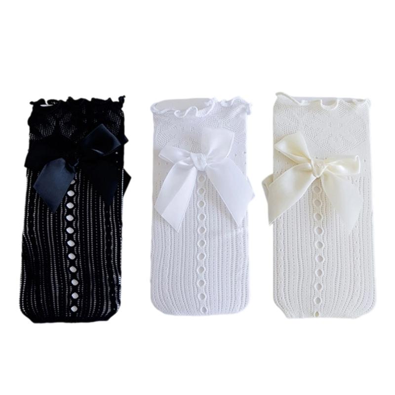 Breathable Middle Calf Socks For Girls Ruffle Trim Bowknot Accents Soft Casual Party Wear Lace Knee Length Stockings