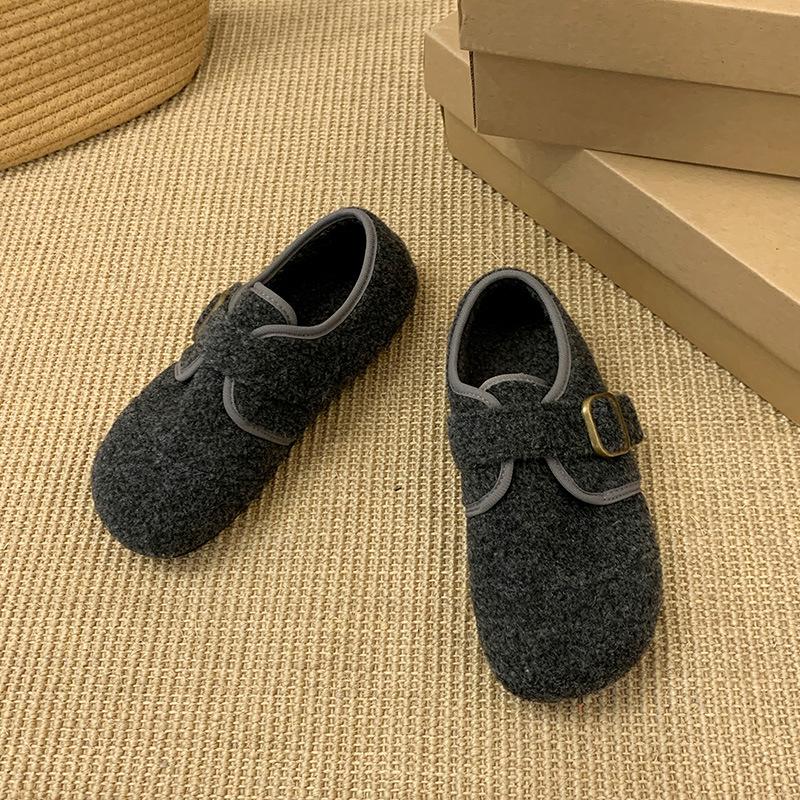 Gray Fluffy Shoes for Women To Wear In Winter, New Korean Version of Woolen Single Shoes for Women, Flat-soled Doudou Shoes, Velvet Thermal Cotton Sh