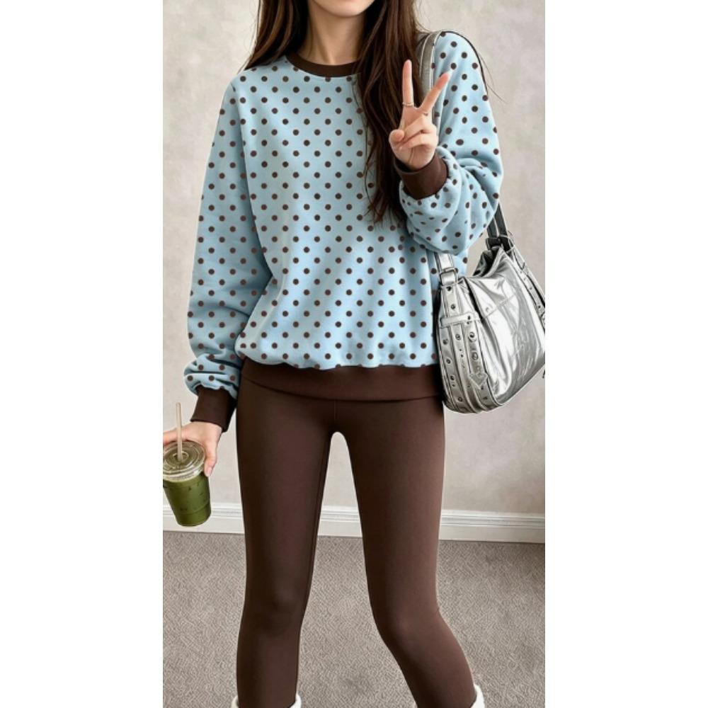 Girls' Dot & Rocket Print Casual Comfortable Soft Loose Pullover Sweatshirt and Leggings 2-Piece Set, New Autumn/Winter, Playful, Sweet and Cool Style