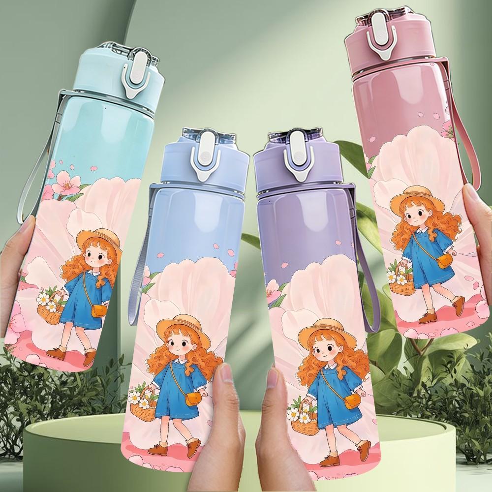 1PC Little Girl Pink Dress Watercolor Print 750ml Color Plastic Sports Water Bottle Leakproof Flip Straw Lid Suitable for Sports Office Home Use
