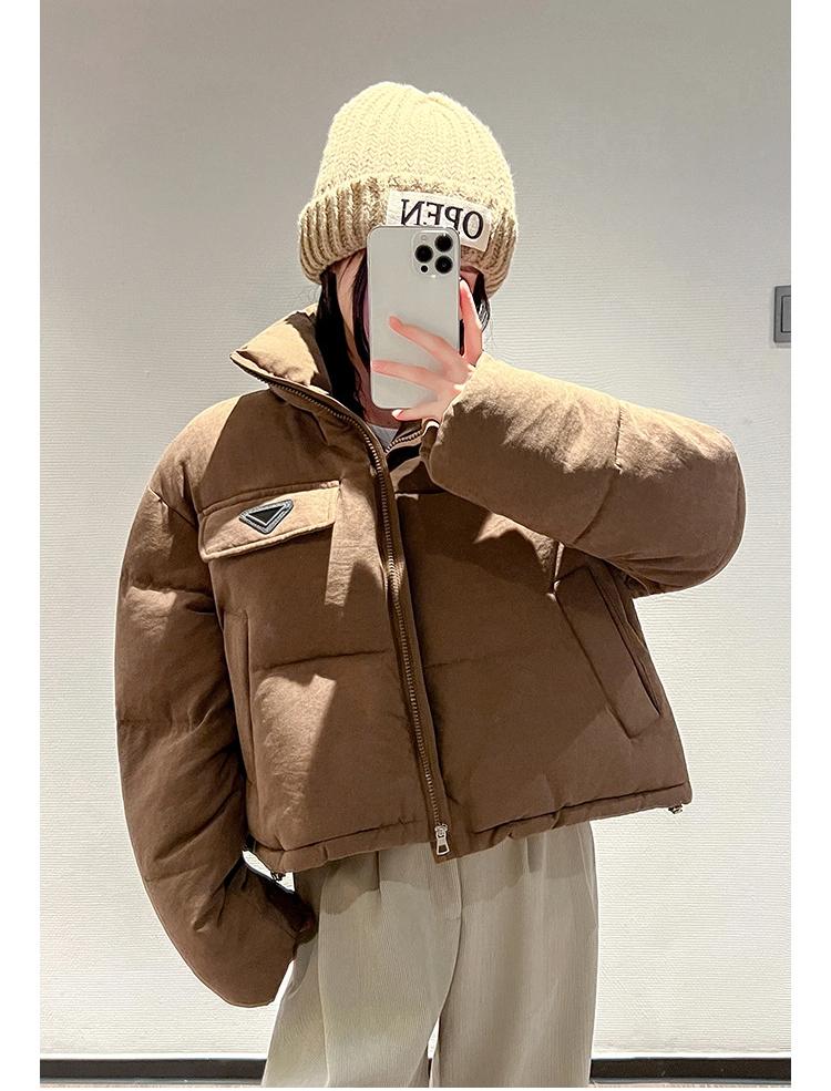 Short Stand Collar Loose Warm Coat Basic Jacket with Adjustable Hem