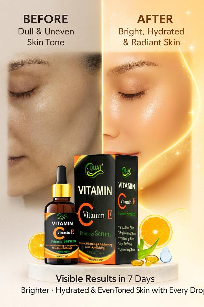 QUAT Vitamin C & E Fairness Serum, Instant Whitening & Brightening, Age-Defying, All Skin Types, 30ml