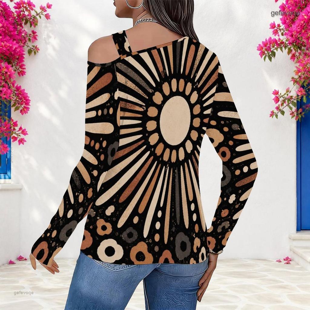 Women Plus Size Fitted Leopard Print Asymmetric Cutout Neck Cold Shoulder Long Sleeve Shirt