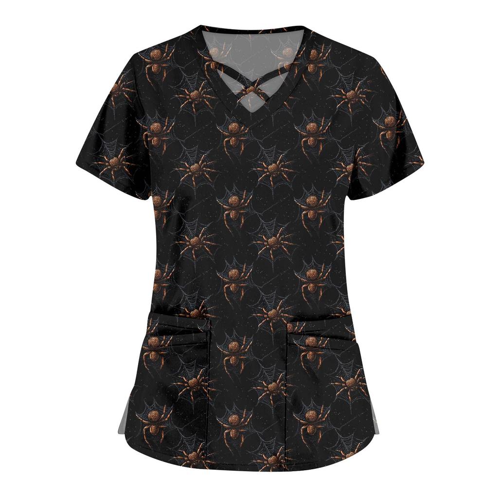 Women's Fashion Cross V Neck Short Sleeve Overalls Double Pockets Halloween Printed Tops Uniforms