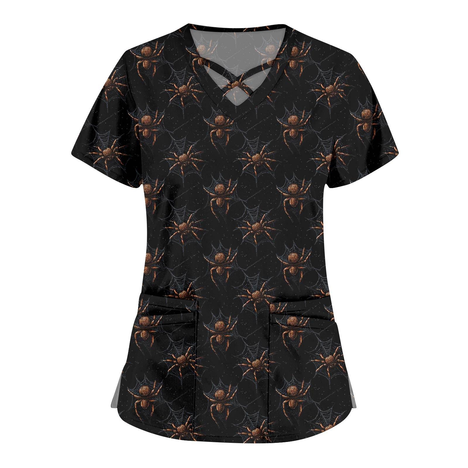 

Женская мода Комбинезоны с перекрестным V-образным вырезом и короткими рукавами Двойные карманы Топы с принтом на Хэллоуин Униформа XXXL