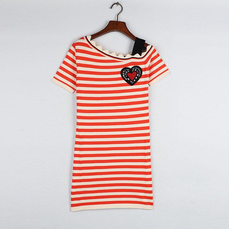 

Sunshine Home Summer New Korean Style Women clothes Stripe Short sleeve Slimming Knitted dress Thin Red Bust size 82-88