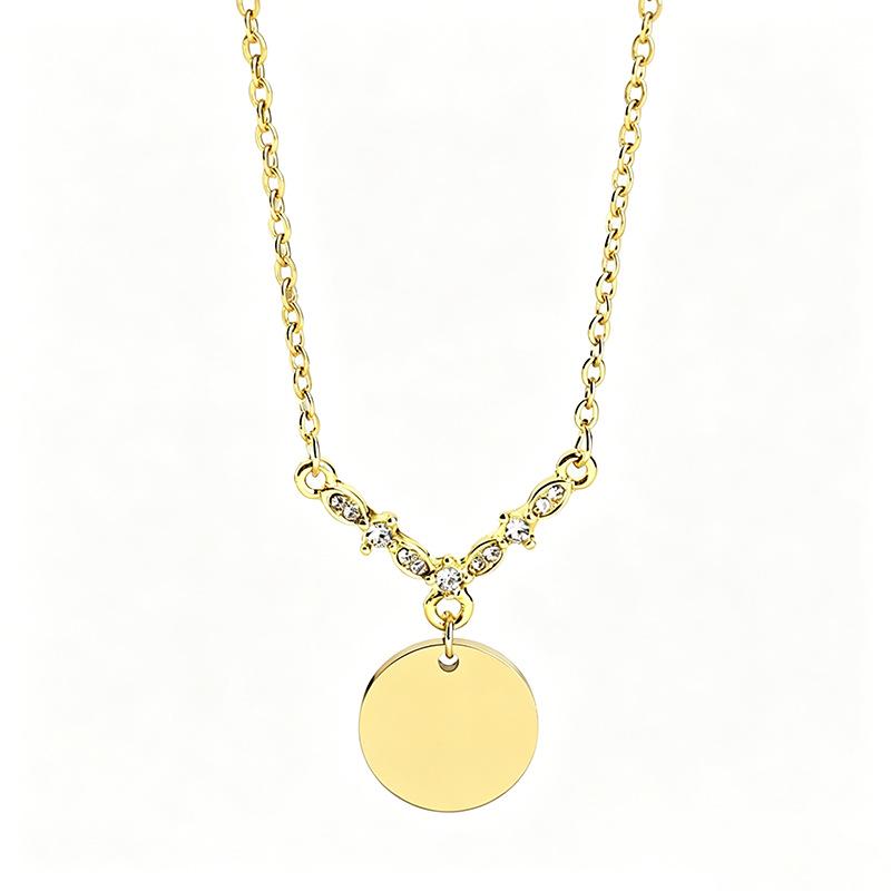 Laser UV Diamond V-Pendant Round Plate Stainless Steel Necklace