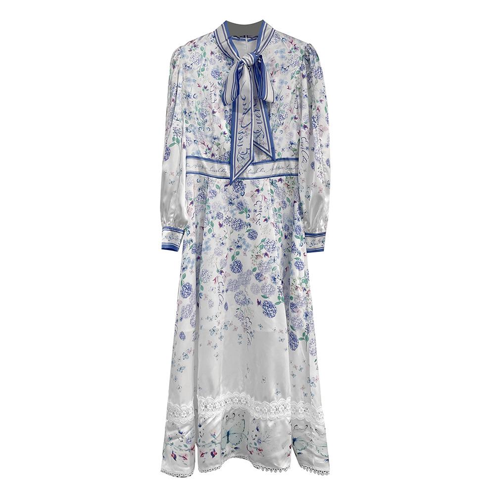 

2026 Spring Blue Floral Lace Spliced French Country Style Dress with Tie-Up Neckline Medium цветочные печати