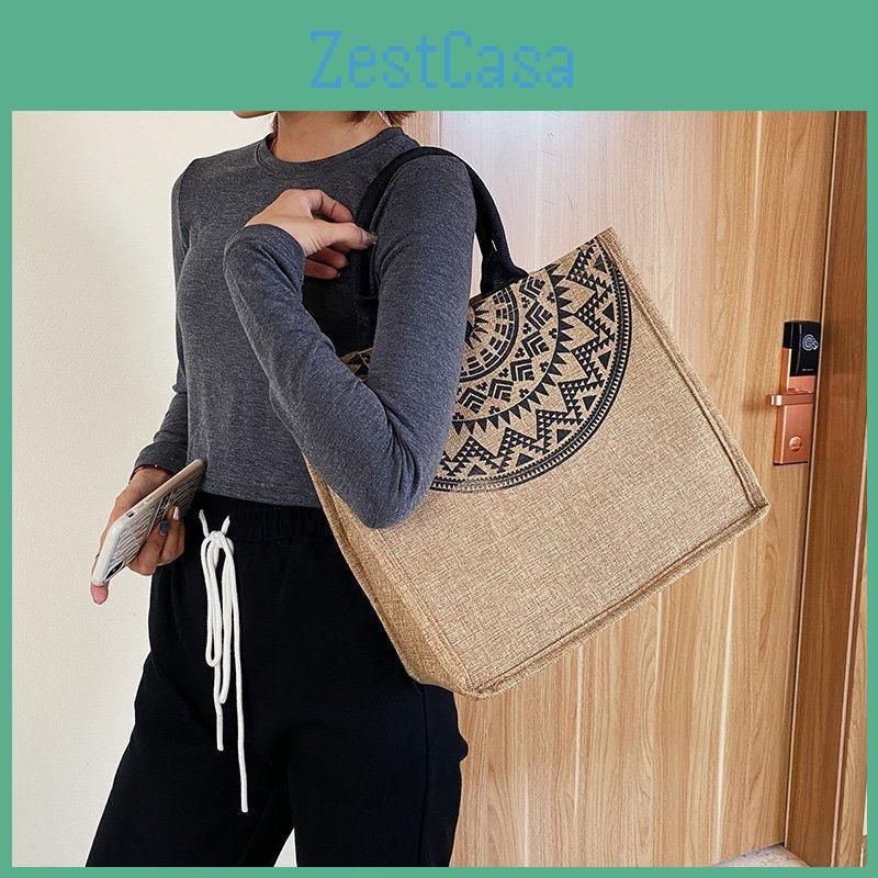 Tote Flax Printed Bag For Women Large Capacity Shoulder Bag With Commuter Casual
