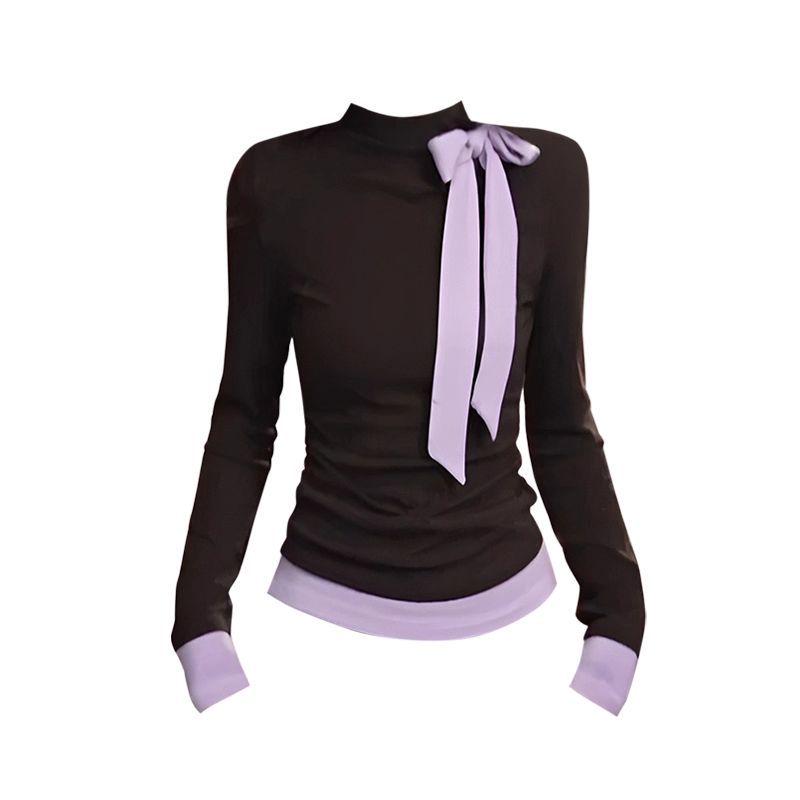 Women s Casual Bow Half-High Collar Fleece T-shirt AutumnWinter Slimming Color Block Top M 1170₽