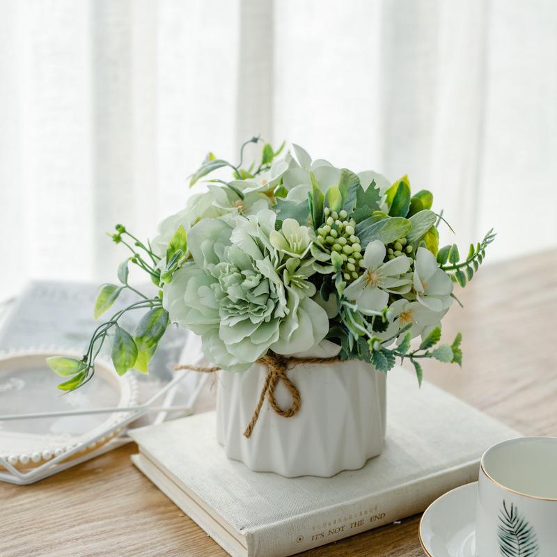 Artificial Flowers with Small Ceramic Vase Faux Roses Plants Eucalyptus Leaves Berries Flower Arrangements Decorations for Home
