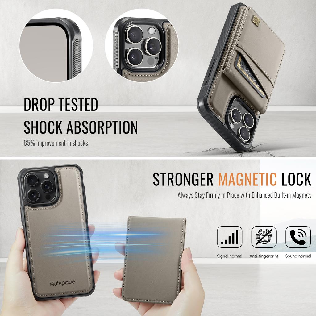 For iPhone 15 Pro Max Case AUTSPACE A12 Leather Phone Case with Detachable Card Bag