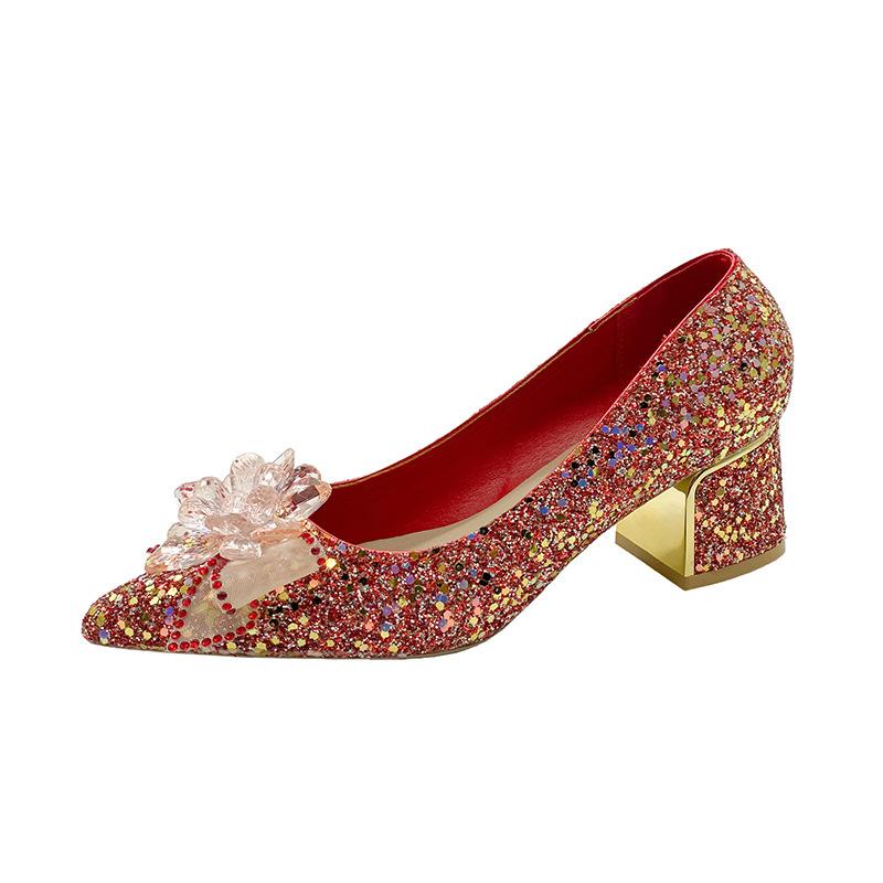 Large size Chinese wedding shoes bridal shoes new crystal sequined wedding show heel pointed single shoes