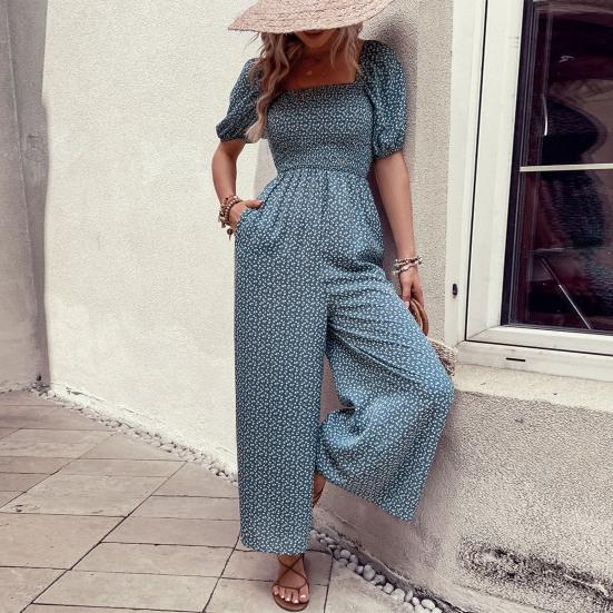 Women's Square Neck Jumpsuit Floral Puff Short Sleeve Wide Leg Pants Romper Summer Casual