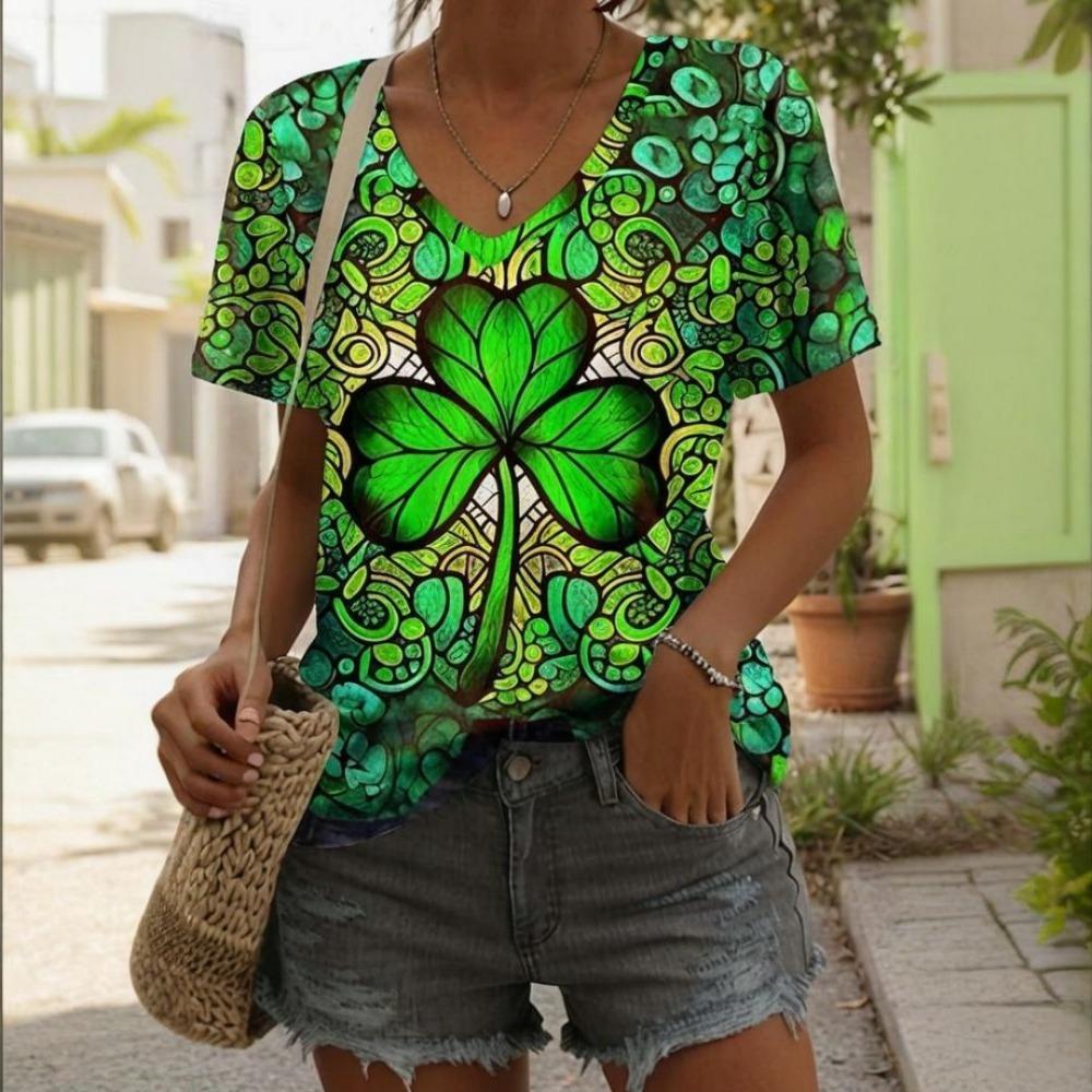 Damen T-Shirt Sommer lässig Outdoor V-Ausschnitt Bluse kurzärmlig Bedrucktes Muster vielseitig Übergröße locker bequem kurz