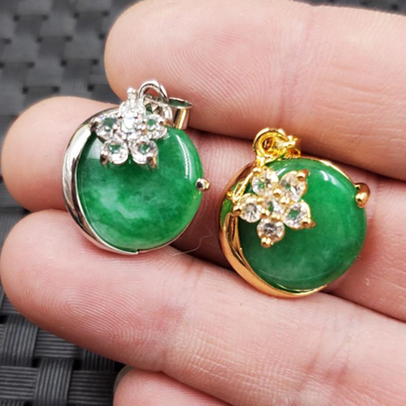 Ganqing Green Jade Egg Shape Pendant Necklace in Bright Emerald Gold model, diameter 18mm