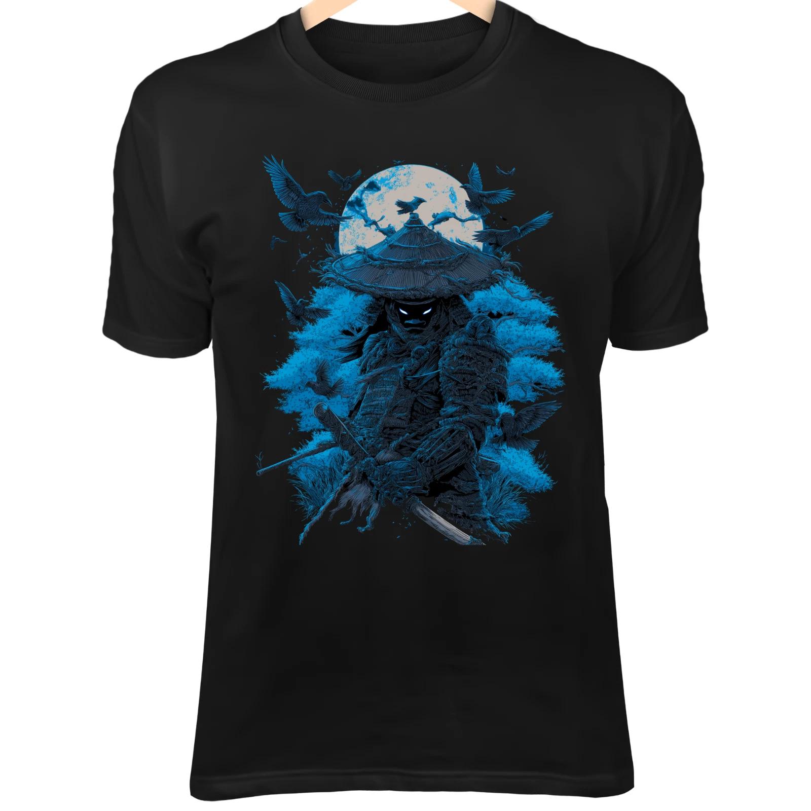 Футболка «Призрачный Самурай II» – Светящиеся Глаза, Вороны, Полнолуние, Искусство Проклятого Воина L