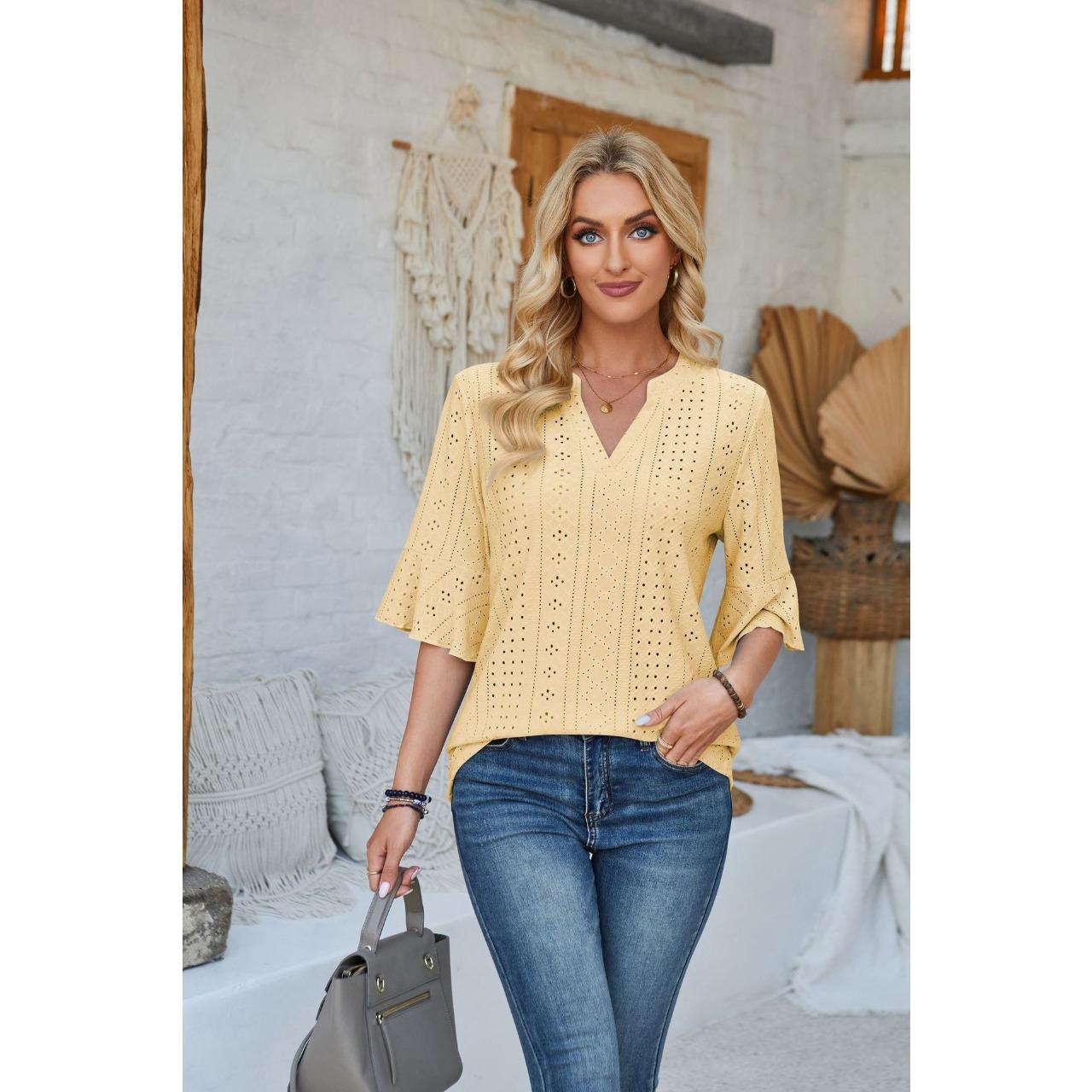 

GMXIA Spring Summer Solid Color Five-quarter Sleeve Loose T-shirt Casual Top for Women XXL жёлтый