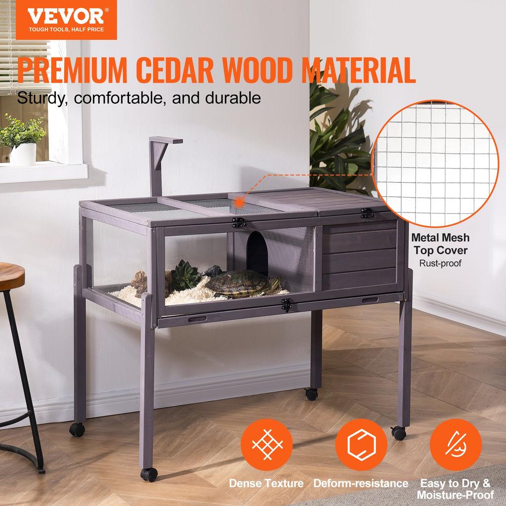 VEVOR Tortoise Habitat, Wooden Tortoise House Indoor & Outdoor, Rolling Tortoise Enclosure with Light Stand