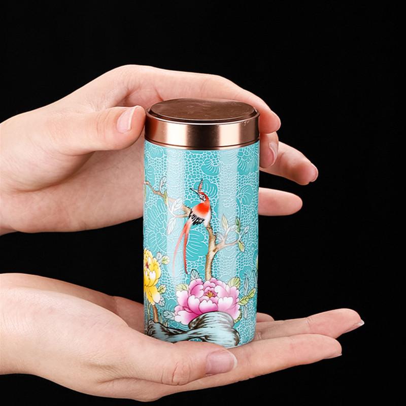 Chinese Enamel Color Flower and Bird Tea Caddy Ceramic Tea Jar Sealed Container Travel Tea Box Coffee Candy Storage Tank Teaware