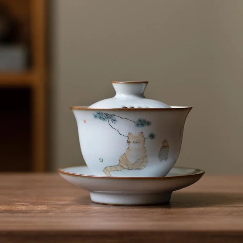 Chinese Ru Kiln Ceramic Gaiwan Cute Cat Pattern Filter Teacup Travel Portable Handmade Tea Bowl Home Tea Set Drinkware 150ml