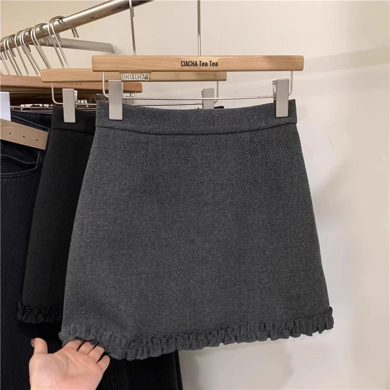 Women's Gray Wool Blend High Waist A-line Skirt with Lace Patchwork - Slimming, Hip-Hugging Design for Petite Summer 2026
