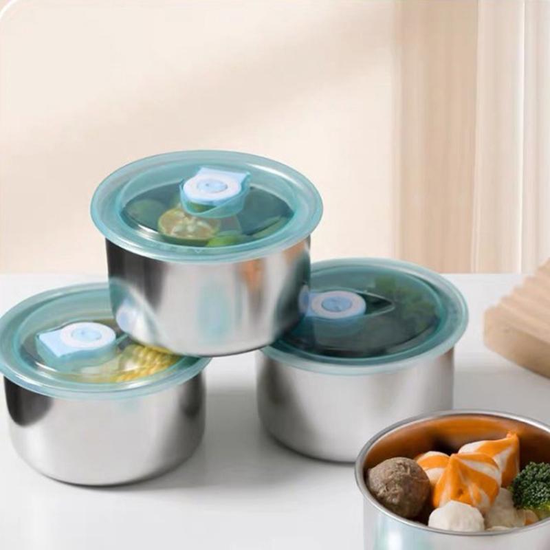 Nerezový Crisper Box Nádoba na potraviny Servírovací podnos Kulatá mísa s víkem Domácí kuchyňský organizér Nerezavějící Nádoba na potraviny