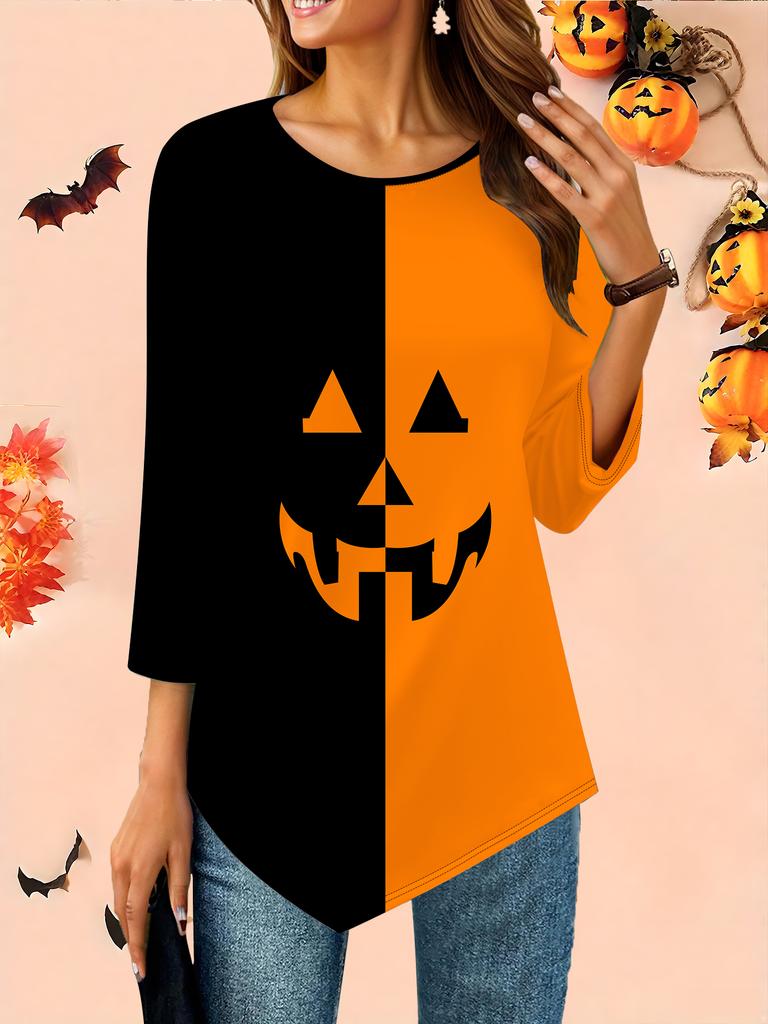 Women's Loose Round Neck Three Quarter Sleeve Tee 3D Halloween Pattern Ideal Halloween and Christmas Gift