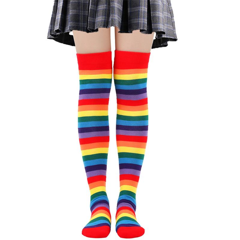 Boven 12 Jaar Nieuwjaar Kerstmis Cosplay Feest Sokken Boven de Knie Regenboog Gestreept Gebreide Lange Sokken voor Grote Meisjes Vrouwen