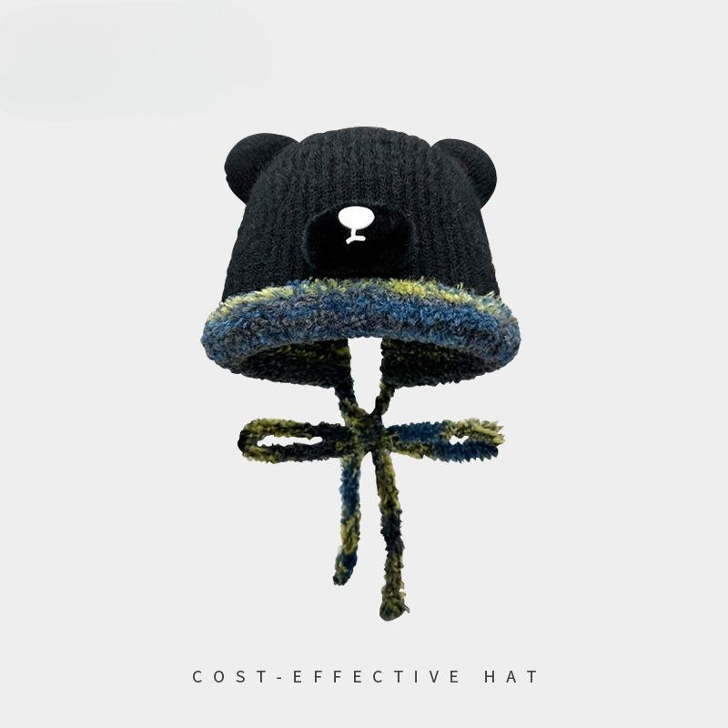 

Plush Bear Bag Hat Women s Autumn and Winter Warmth Fleece Woolen Hat Cold Proof Ear Protecting Knitted Hat One size