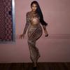 European & American Women's Autumn Leopard Print Hollow Out Long Sleeve Cropped Slim Fit Dress