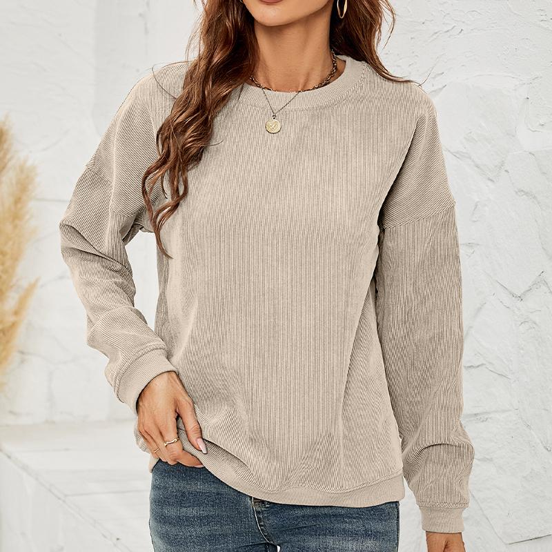 Women's Corduroy Sweatshirt Casual Round Neck Pullover Long Sleeve Top