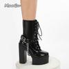 Fashion Punk Rivet Chain Belt Buckle Thick Bottom Super High Heel Short Boots for Women Front Lace-up Side Zip Gothic Boots Botas Mujer